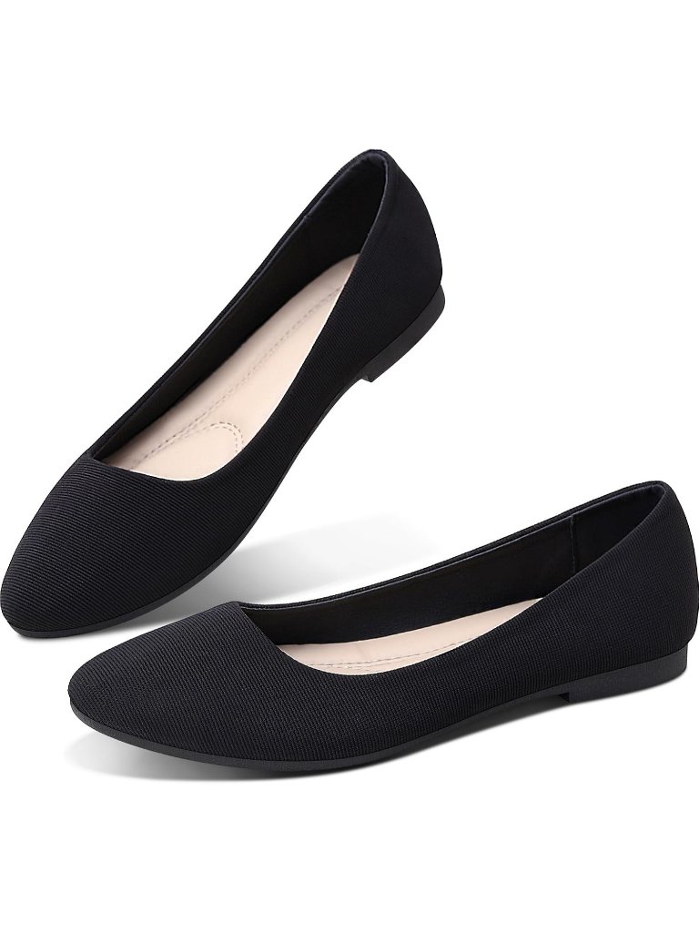 Women's Black Fabric Round Toe Flats Slip On Stable Black Ballet Dress Shoes